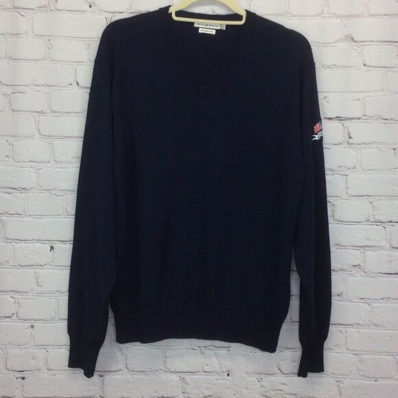 Peter Millar Sweater Men Size L 100% Merino Wool Navy Patriotic Pullover V Neck - Picture 1 of 6